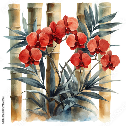 Bamboo Orchid branch, watercolor illustration, isolated on a white background.

