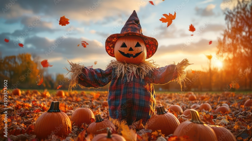 Naklejka premium Large pumpkin scarecrow autumn field