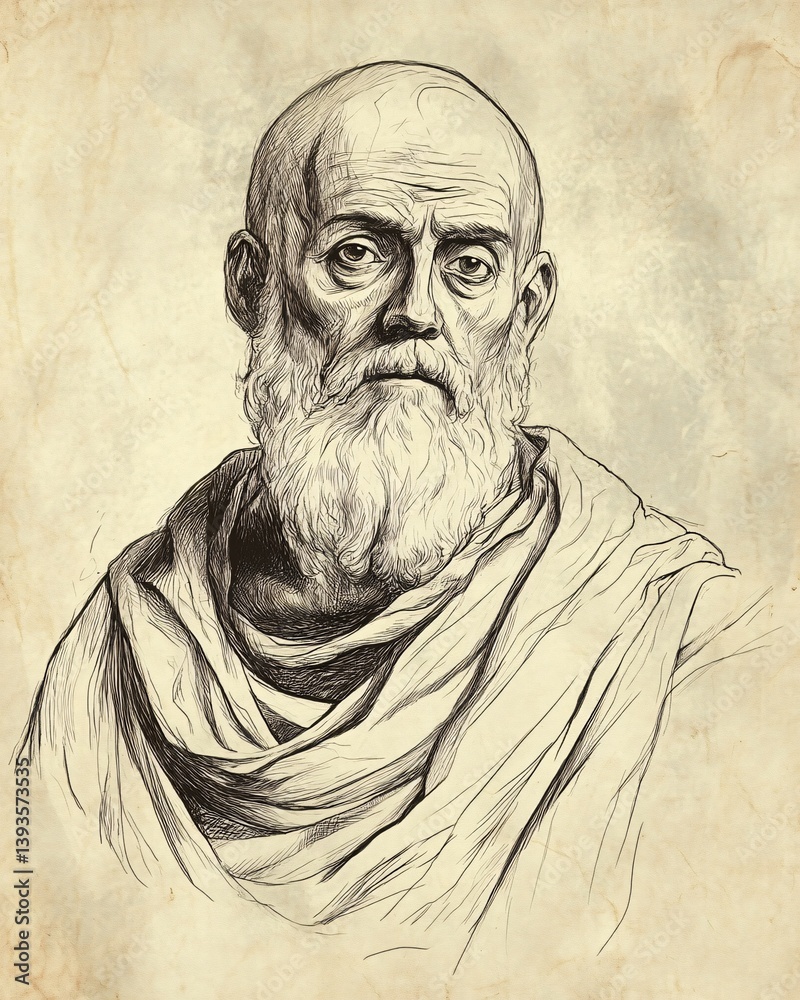 Fototapeta premium Portrait sketch of Boethius, the renowned Roman philosopher with deep-set eyes