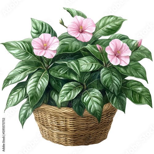 Balsam bouquet in a basket, watercolor illustration, isolated on a white background.

