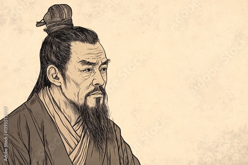 Elegant Linedraw Sketch of Xunzi with a Reflective Expression
