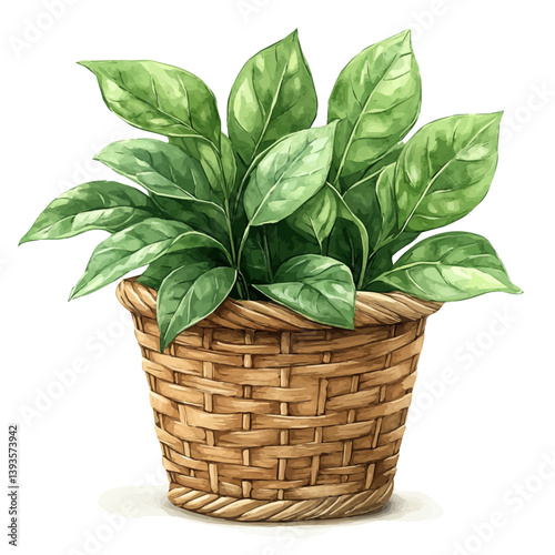 Balsam bouquet in a basket, watercolor illustration, isolated on a white background.

