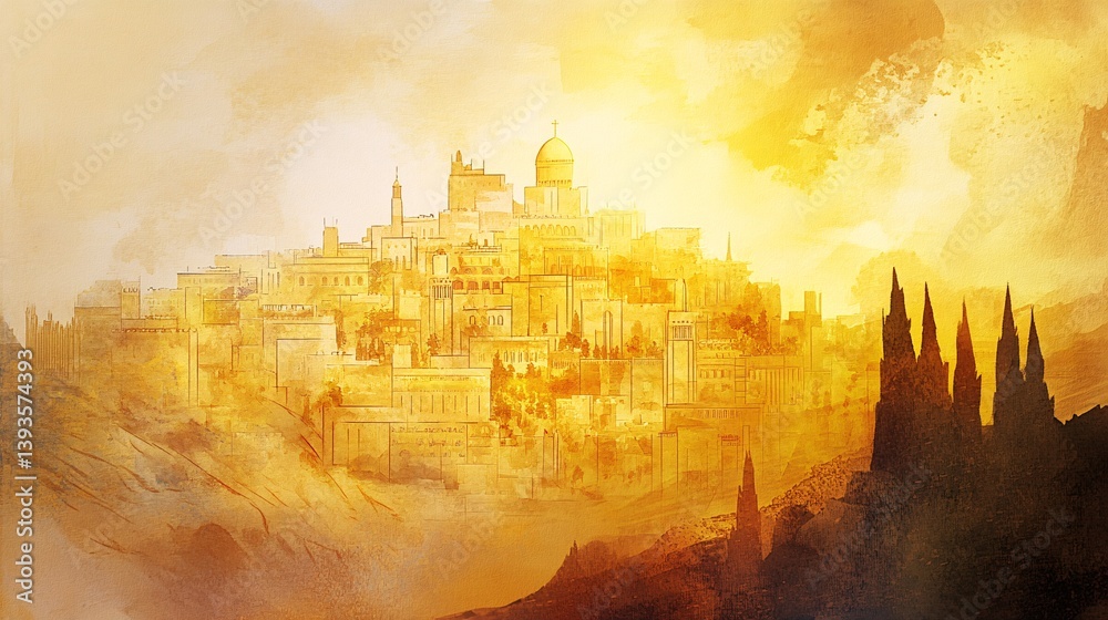 Obraz premium Majestic Watercolor Rendering of the New Jerusalem with Abundant Copy Space