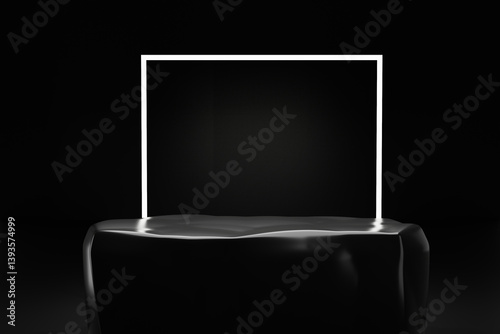 Dark black rock podium for product show case, for cosmetic product display stand with minimalist black background and soft lighting and shadows, modern architectural backdrop, 3d rendering