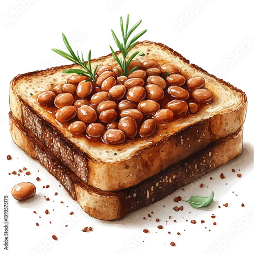Baked Beans on Toast, watercolor illustration, isolated on a white background.

