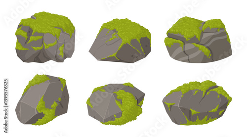 Cartoon swamp moss growing on rocks. Green moss on stones, jungle moss plants grow on gray rocks flat vector illustration set. Creeping lichen moss on granite stones photo
