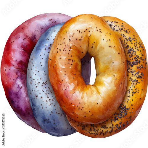 Bagels, watercolor illustration, isolated on a white background.

