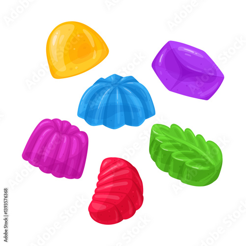 Chewy jelly candies. Cartoon fruity gummy, delicious sweets with various flavors flat vector illustration set. Jelly sweets on white