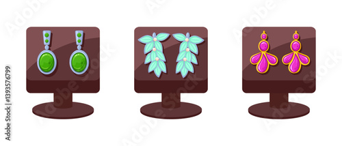 Earrings shop showcase. Precious jewelry accessories, glamorous jewelry and bijouterie shop glass case flat vector illustration set. Cartoon jewel shop stands