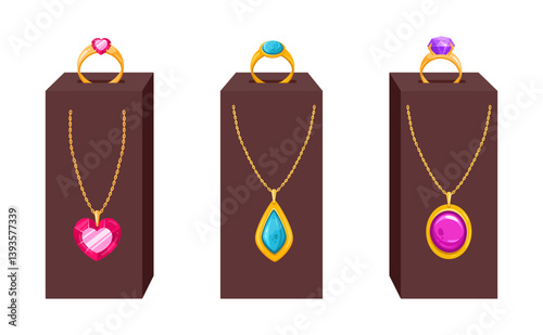 Jewelry set stands. Golden jewelry accessories, glamorous jewelry on bijouterie shop stands flat vector illustration set. Cartoon jewel shop stands