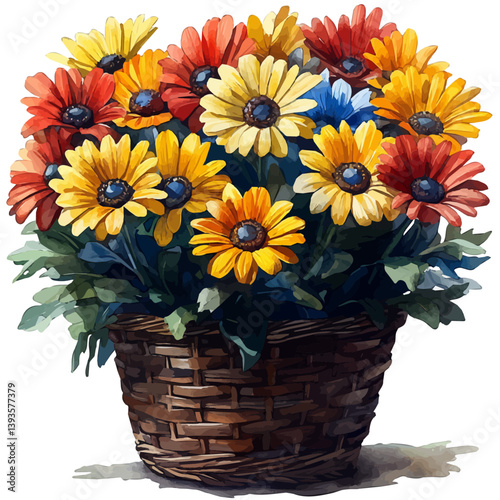 Bacheloras Button bouquet in a basket, watercolor illustration, isolated on a white background.

