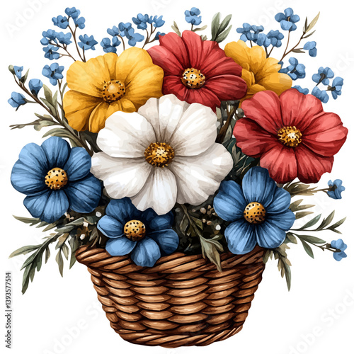 Bacheloras Button bouquet in a basket, watercolor illustration, isolated on a white background.

