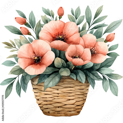 Bacheloras Button bouquet in a basket, watercolor illustration, isolated on a white background.

