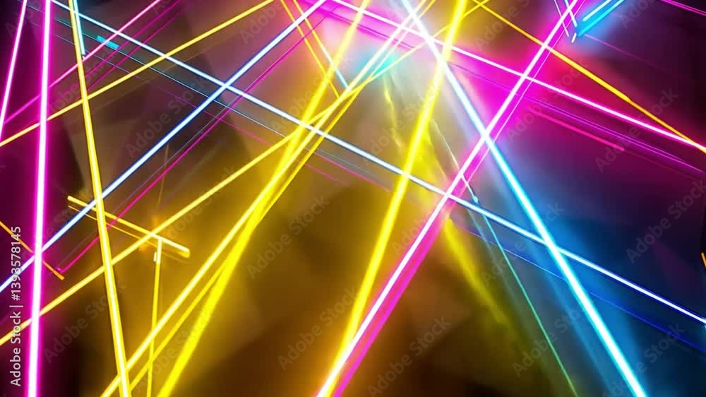 Colorful neon lights create vibrant and dynamic background with intersecting lines in blue, pink, and yellow, evoking energy and excitement in abstract design.
