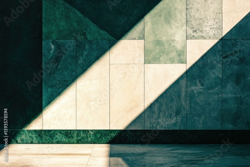 Geometric marble wall with contrasting colors and diagonal sunlight shadows creating a modern, minimalist aesthetic.