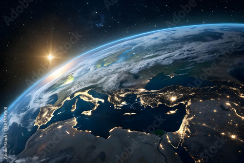 A high-definition satellite image captures Earth at night, illuminated by glowing city lights,Sunrise illuminating Earth's atmosphere, revealing continents, oceans, and city lights from space.


