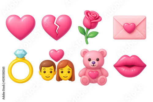 Charming 3d love icons set featuring hearts, roses, and more romantic symbols