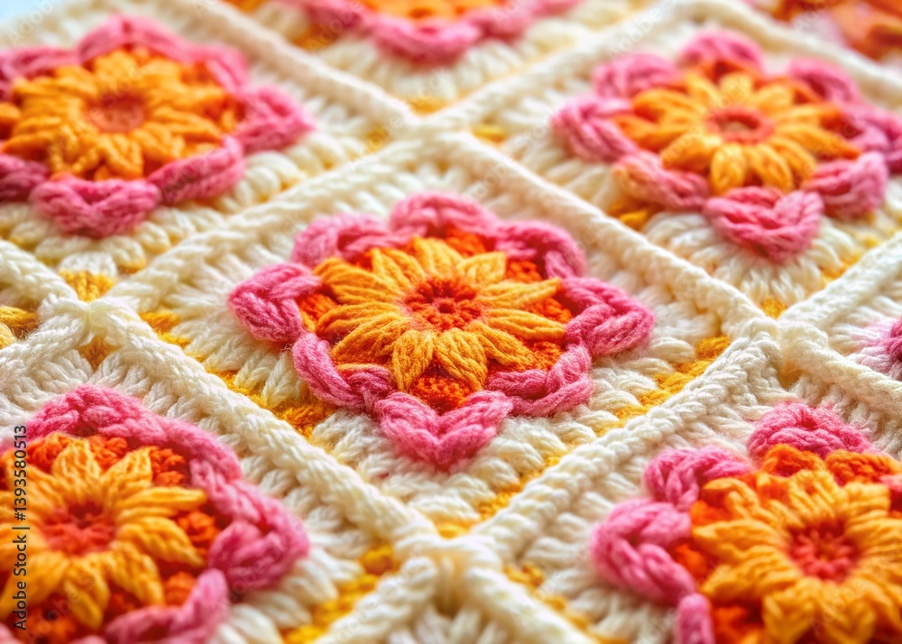 Delicate Pink Orange and Yellow Granny Square Crochet Flower A Handmade Masterpiece of Color and Texture