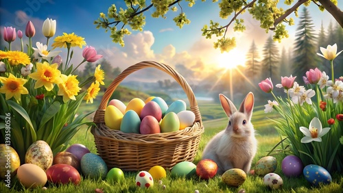 Easter Basket with Rabbit and Eggs in Spring Landscape