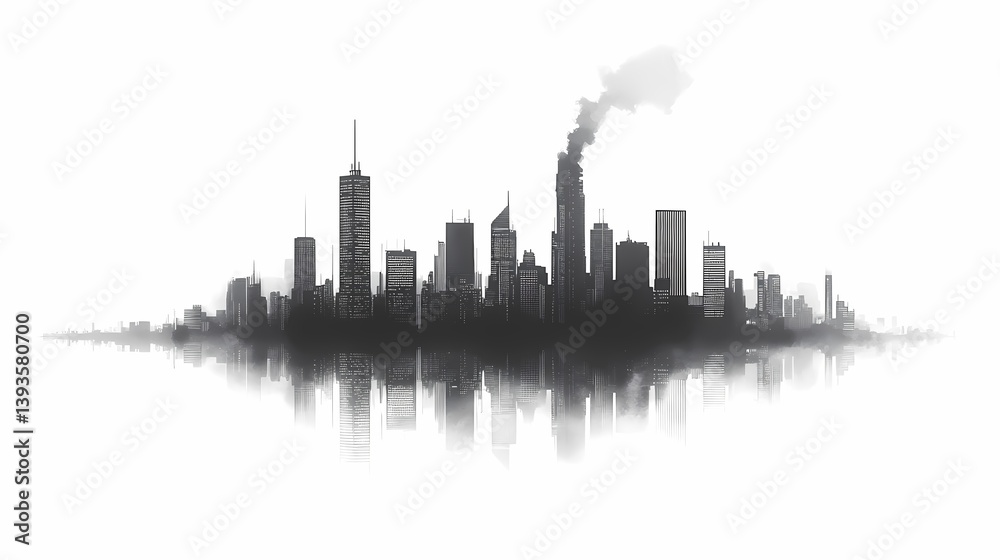 Obraz premium Monochrome Cityscape: Atmospheric Perspective and Skyline Silhouette Reflection in Urban Landscape