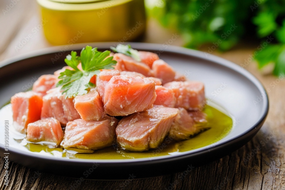 Pieces of fresh salmon are arranged neatly on a dark plate, glistening with olive oil. A sprig of cilantro adds a touch of greenery, highlighting the vibrant dish Pieces of fresh salmon are arranged neatly on a dark plate, glistening with olive oil. A sprig of cilantro adds a touch of greenery, highlighting the vibrant dish