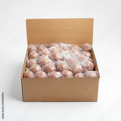 Bulk packaging of meatballs in cardboard box with plastic wrap for food storage and distribution