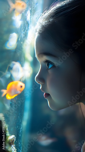 Girl observing aquarium closely in moody lighting