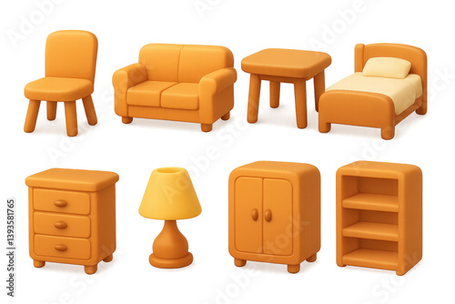 Charming 3d blobby furniture icons set: chair, sofa, table, bed, dresser & more