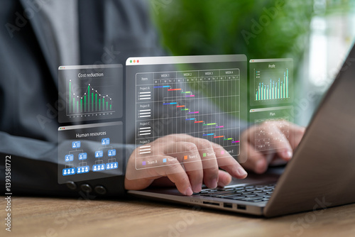 Project schedule plan and data analysis monitor concept, Project manager planning business schedule and work management, Update tasks progress comparative bar Chart business growth, Cost, Profit, Hr