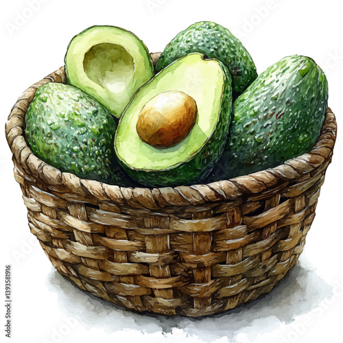 Avocado basket, watercolor illustration, isolated on a white background.

