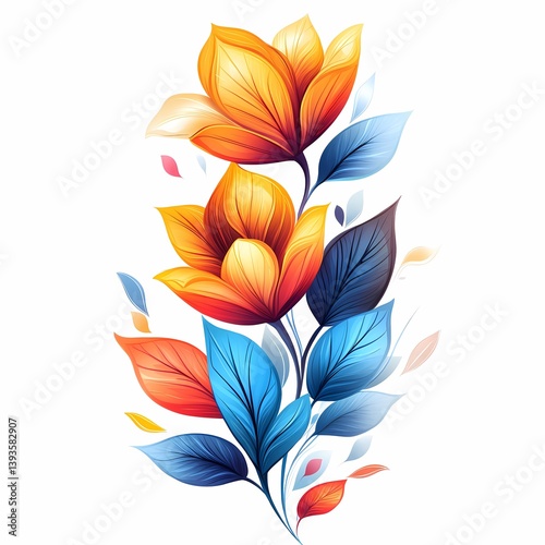 Vibrant Floral Illustration: Modern Botanical Design with Colorful Leaves and Petals for Creative Wallpaper