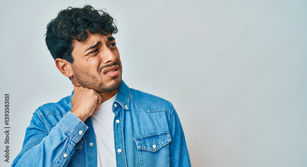 Obraz premium Young hispanic male with neck pain wearing denim jacket against blue background