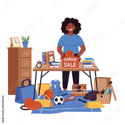 Woman organizing a garage sale with various items in flat vector art