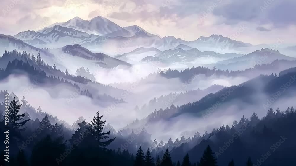Tranquil Wilderness Serene Landscape of Misty Mountains, Rolling Hills, and Dense Forests, Embracing Natures Scenery and Evoking Peaceful Foggy Atmosphere Tranquil Wilderness Serene Landscape of Misty Mountains, Rolling Hills, and Dense Forests, Embracing Natures Scenery and Evoking Peaceful Foggy Atmosphere