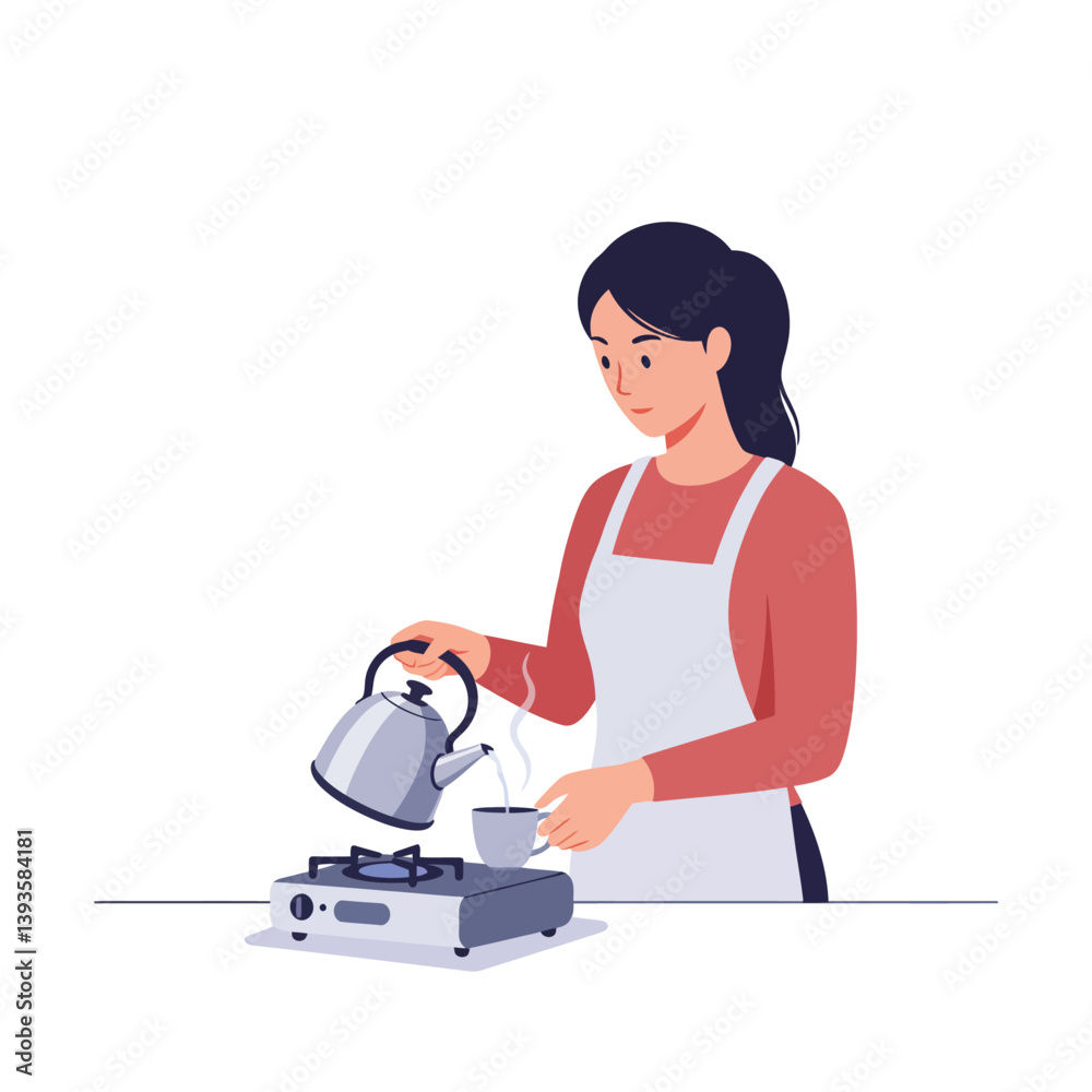 Woman pouring hot water into cup while using a stove in minimal vector art Woman pouring hot water into cup while using a stove in minimal vector art