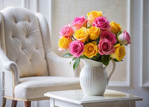 Elegant Pink and Yellow Roses in a Modern White Vase A Stunning Floral Arrangement on a White Table