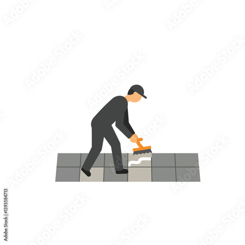 Worker laying tiles on a floor with trowel in flat vector art