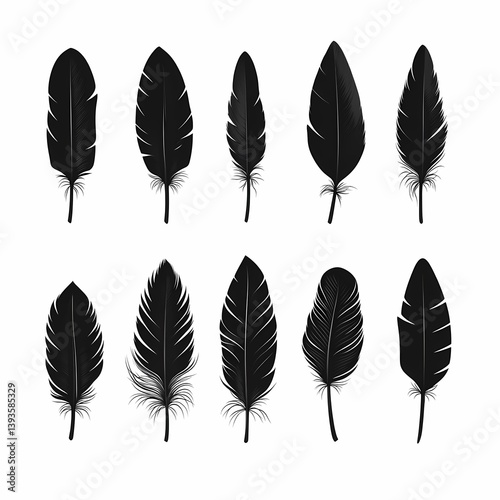 Black Feathers Silhouette: Monochrome Bird Feather Illustration for Nature-Inspired Graphic Design and Print
