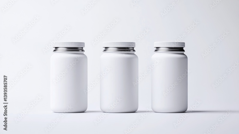 Three blank white bottles, potentially for supplements or vitamins, stand in a row against a plain white background. The bottles have simple, rounded shapes and metal-colored lids Three blank white bottles, potentially for supplements or vitamins, stand in a row against a plain white background. The bottles have simple, rounded shapes and metal-colored lids