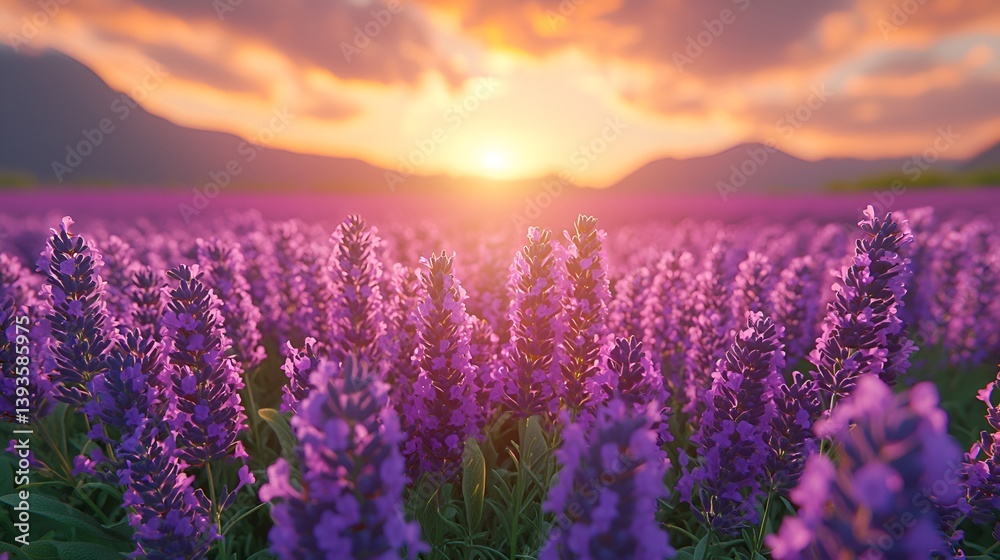Fototapeta premium Vibrant lavender field at sunset.