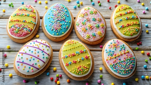 Decorated Easter Egg Cookies on Wooden Surface