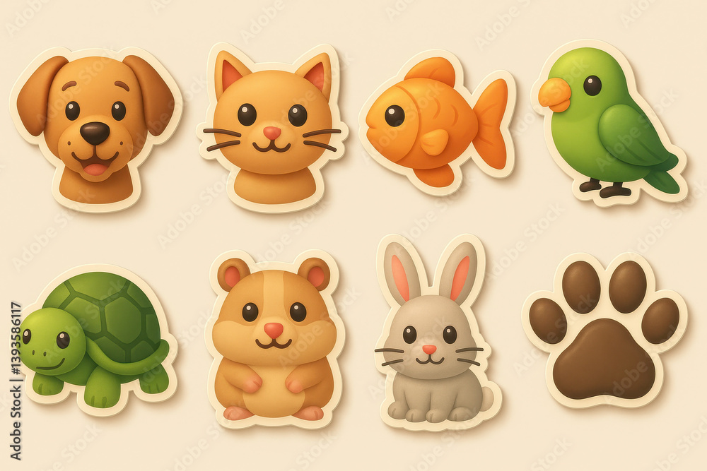 Cute animal icons set: 3d style featuring pets like dogs, cats, fish, birds, and more Cute animal icons set: 3d style featuring pets like dogs, cats, fish, birds, and more