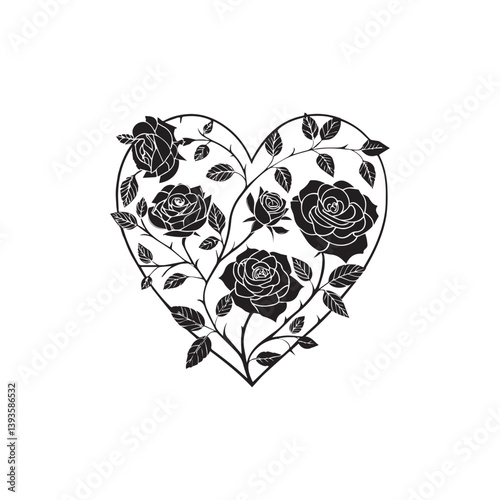A heart entwined with thorny roses, a symbol of enduring love and passionate devotion, in stark black and white.