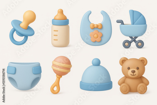 Charming baby essentials icons set: 3d style featuring pacifier, bottle, stroller, and more