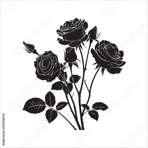 Three black roses in full bloom, a classic elegant bouquet silhouette against a stark white background.