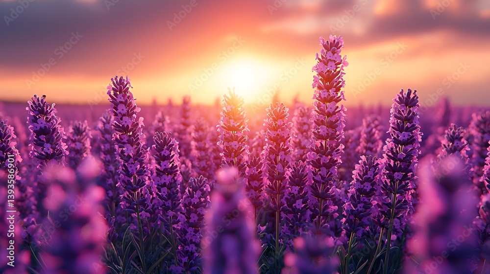 Naklejka premium Sunset over a vibrant lavender field.