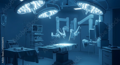 Robotic surgical arms in futuristic operating theater