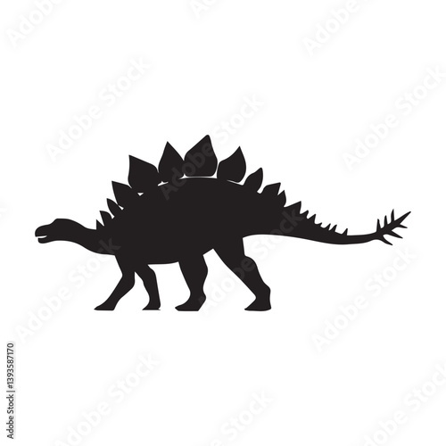 A majestic Stegosaurus silhouette, a prehistoric giant striding across a stark white background, conveying power and ancient mystery.