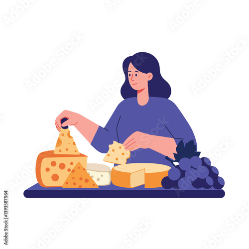 Woman selecting cheese from a colorful platter in flat vector art