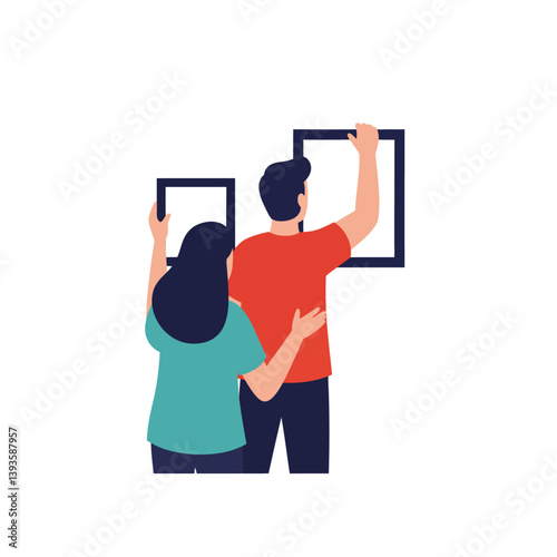 Couple arranging pictures on a wall in flat vector art style vector illustration